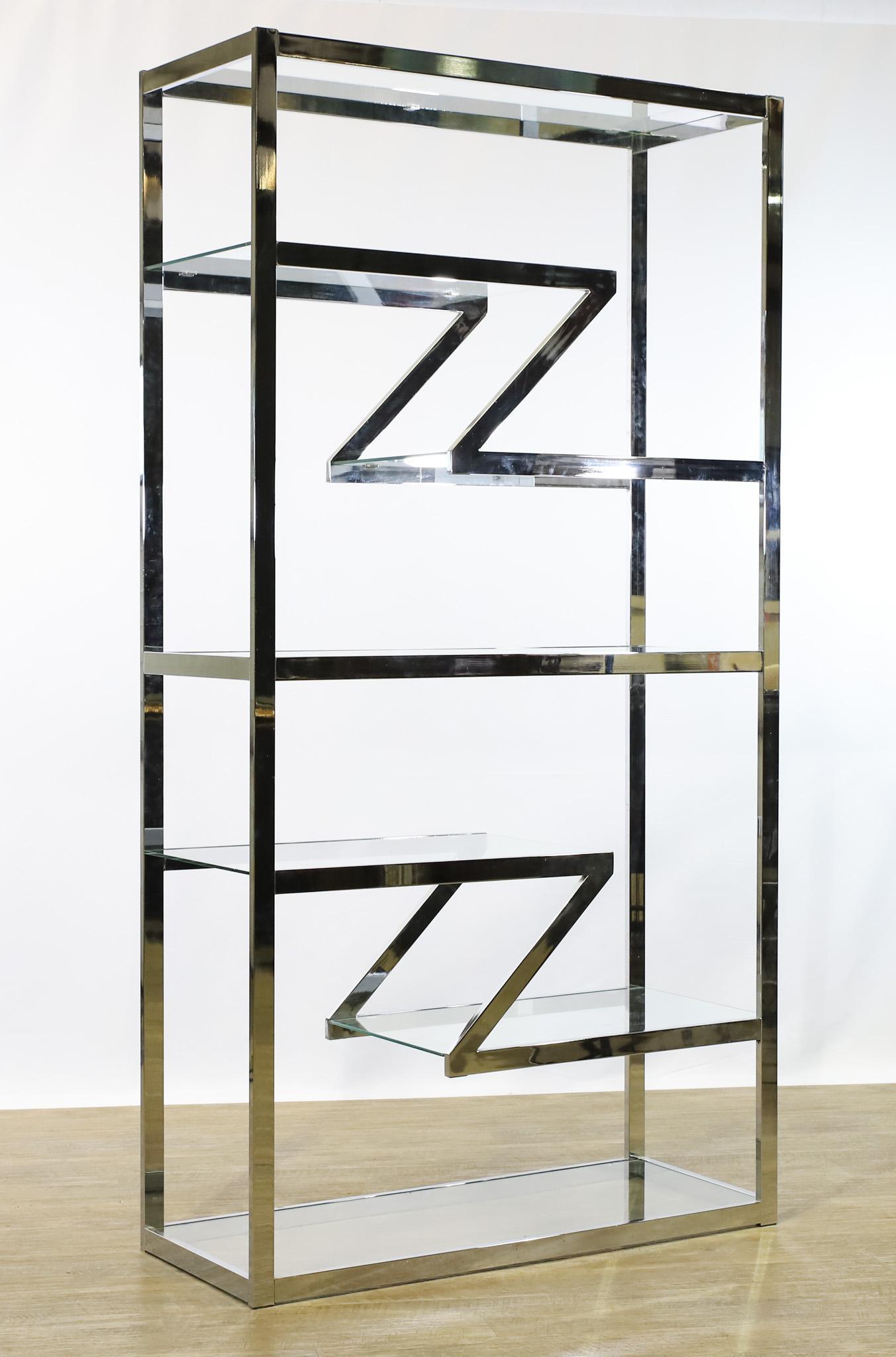 Chrome and Glass Etagere: Manner of Milo Baughman, etagere with two Z-form shelves between one flat shelf. 79"h x 42"w x 16"d