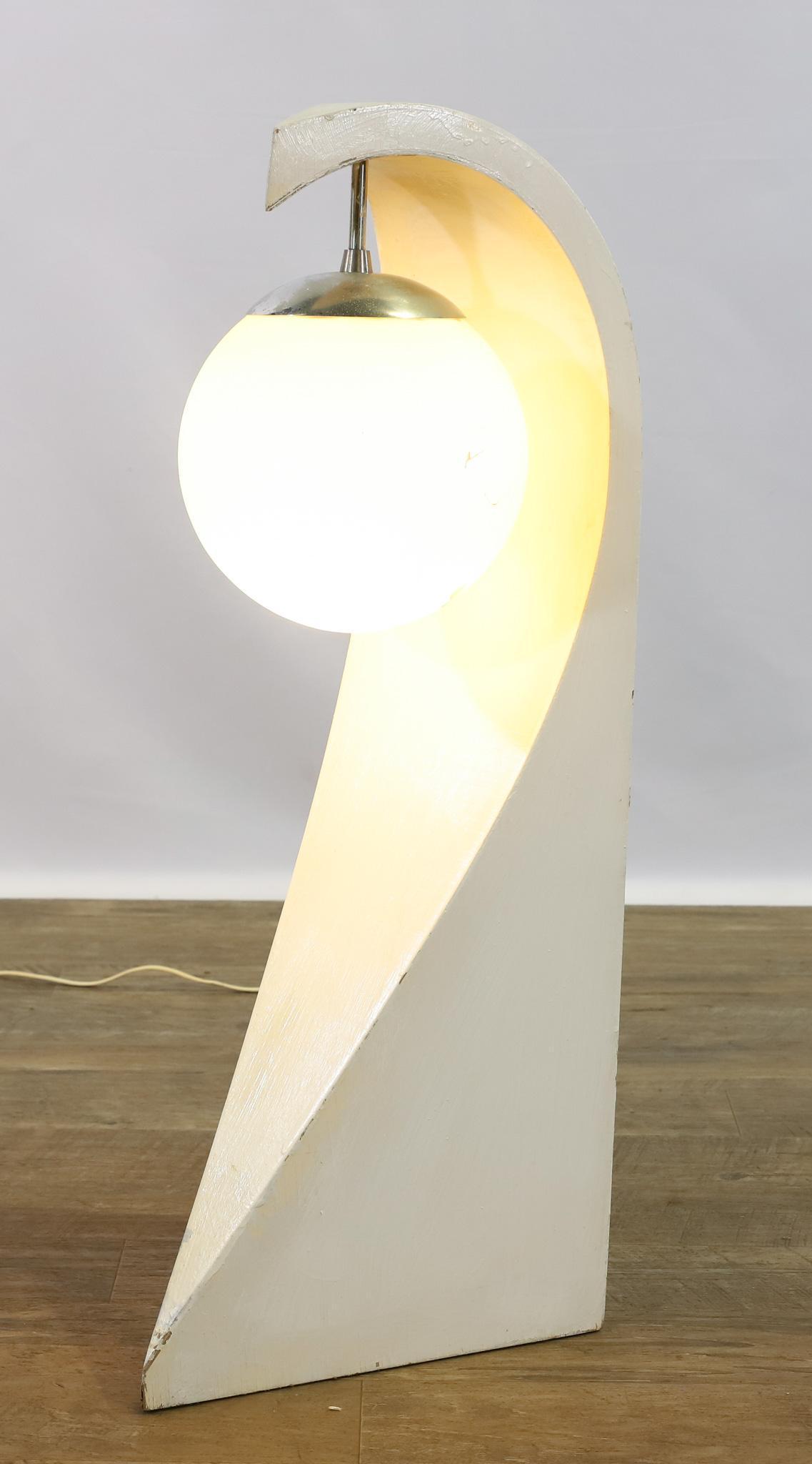Manner of Jack Heywood Lamp: Wood and aluminum with opaline glass globe shade, after Jack Heywood's "I" Lamp. Repainted. In working condition. 29"h