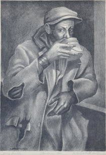 Harry Brodsky (1908-1997): Monotone lithograph, "Stevedore", pencil signed, dated 1940, and inscribed. 14.25"h x 10"w plate, 16.5"h x 12.5"w framed