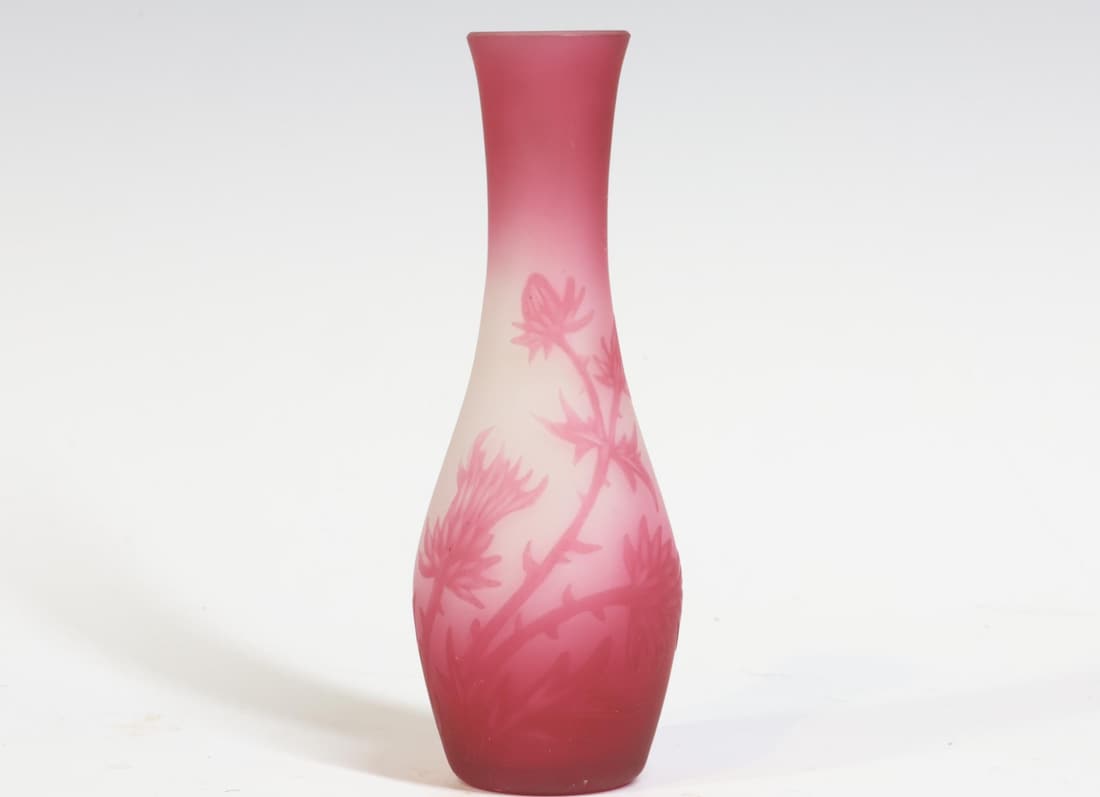 Charles Vessierere Cameo Glass Vase: Diminutive cameo glass vase decorated with flowers in pink and white. Signed. 4.75"h x 1.75"