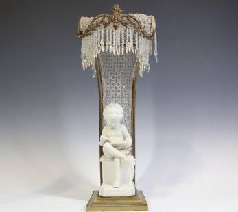 Art Deco Table Lamp: Beaded art deco table lamp with parian figure of a young boy reading after Antonio Canova. Lamp parts removed. 16.75”h x 7”w x 7”d