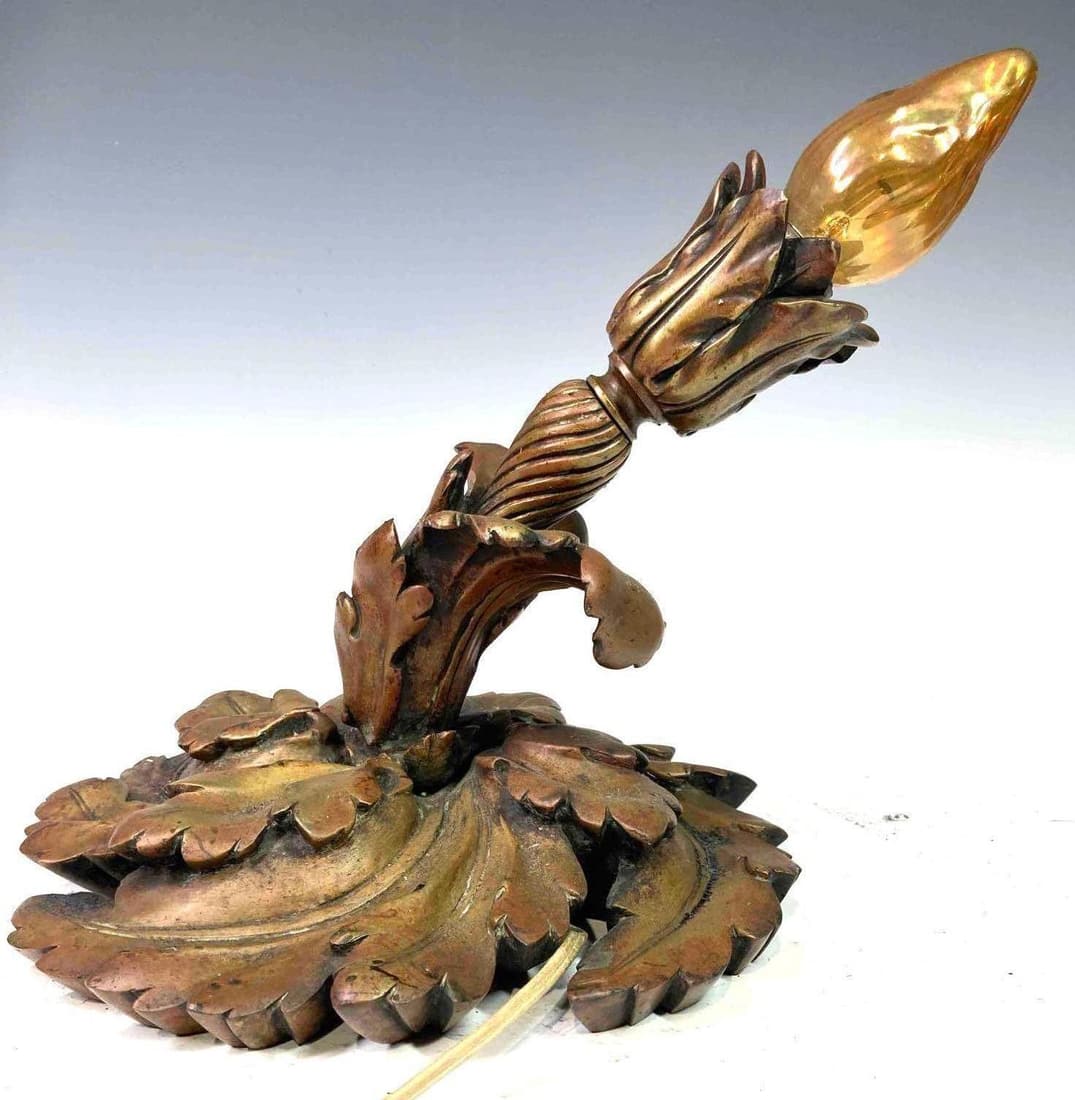 Art Nouveau Bronze Sconce: Leaf and bud form bronze sconce. The electrical wiring has been cut. 10.5"h x 10"w x 11"d
