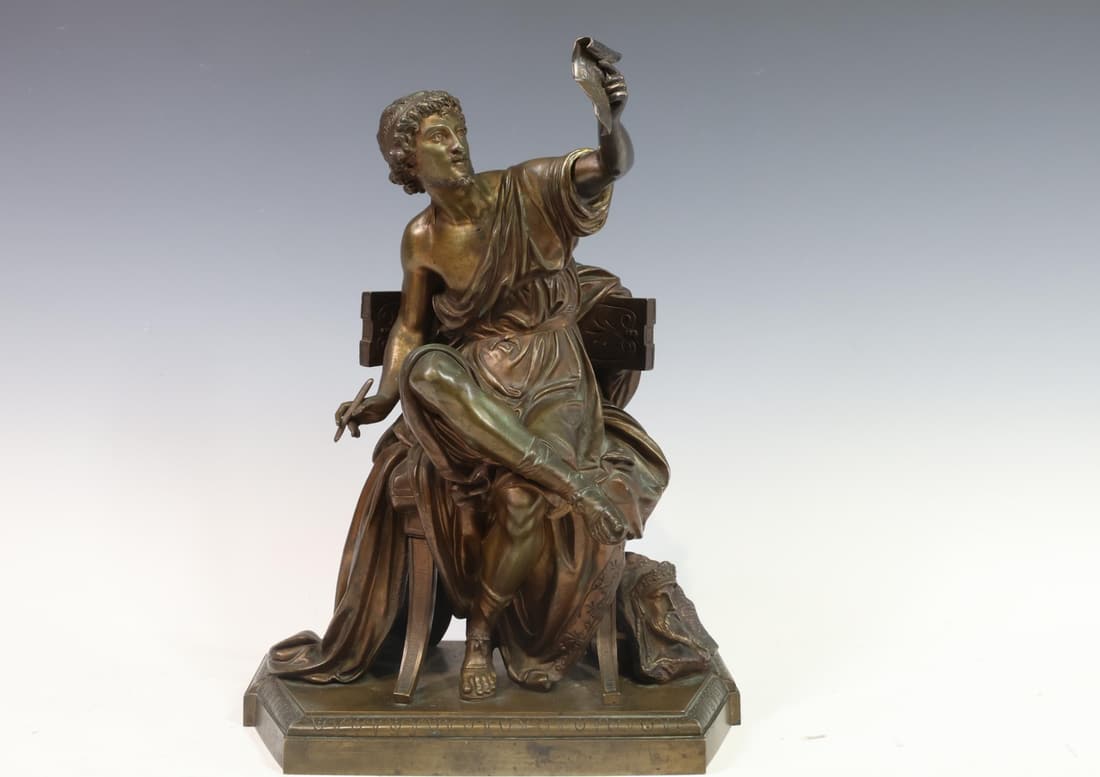 Grand Tour Bronze Sculpture: Neoclassical bronze sculpture of an antiquarian, unsigned. 13"h x 9.75"w x 5.25"d