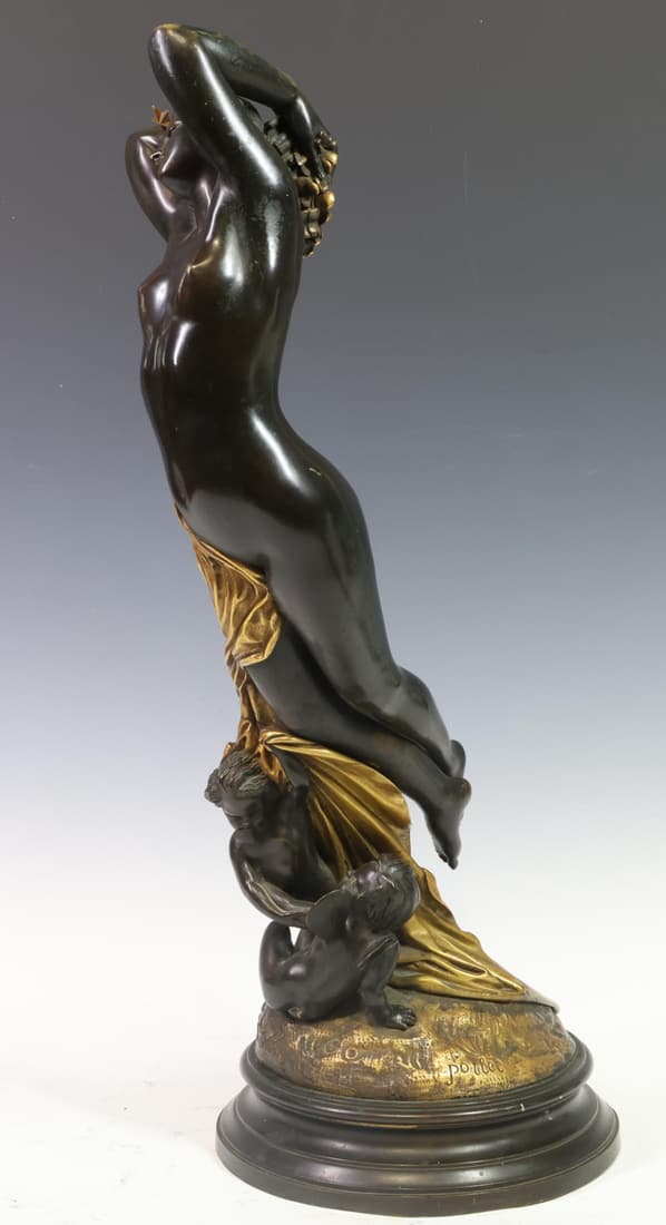 After Joseph Michel-Ange Pollet (1814 - 1870): Bronze sculpture of a fantasy nude, "Une Heure de la Nuit", impressed signature to the base. There are dents to the plinth and the statue also has small drill holes due to previously having been mount