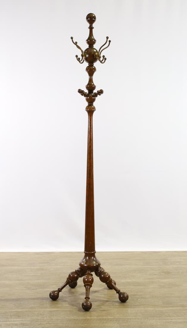 Oak Hall Tree: Turned pedestal on turned splayed legs. 70"h x 20"w base