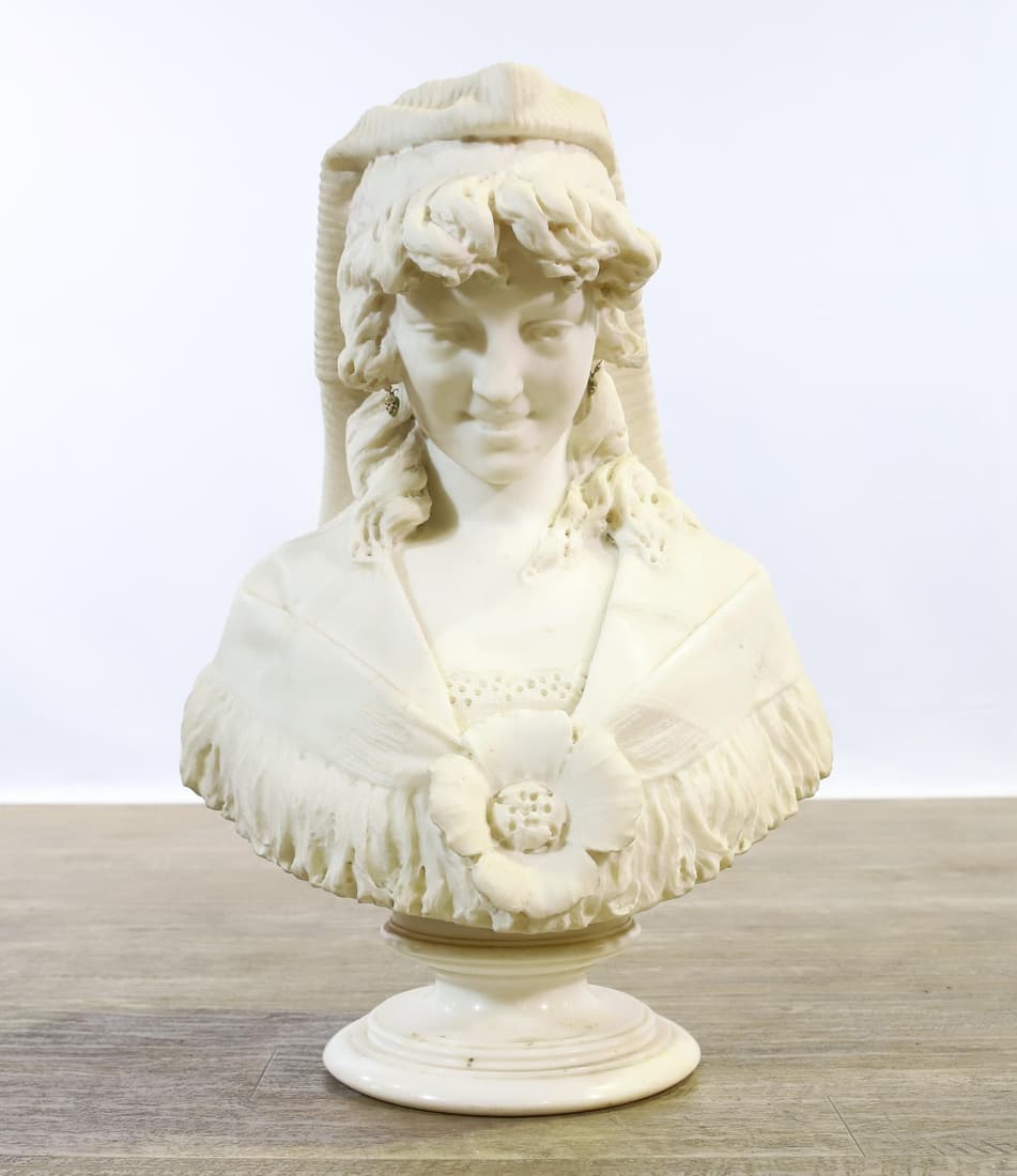 Alabaster Bust: Art Nouveau alabaster bust of a young woman, sculpture on stand, unsigned. Some areas of loss. 24"h x 16"w x 9"d