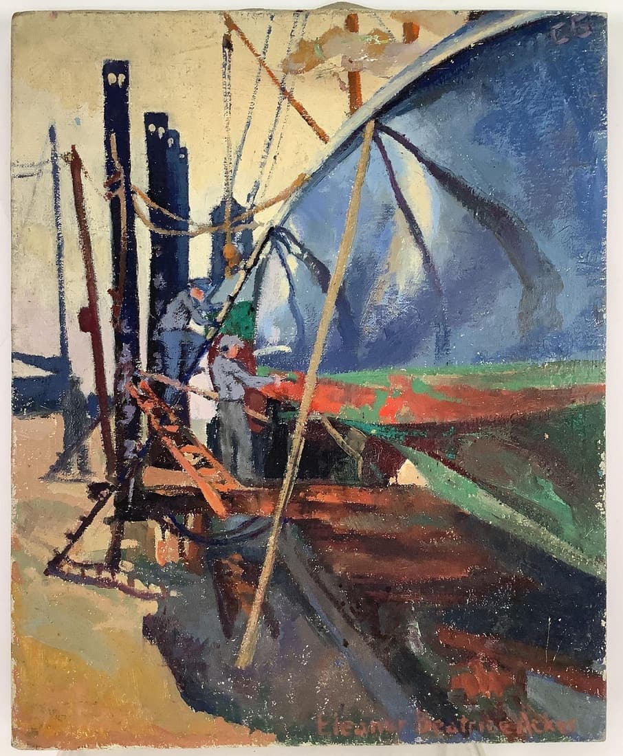 Oil on Canvas: Oil on canvas, SLR. Docked boots at harbor with figures. 20”h x 16”w overall