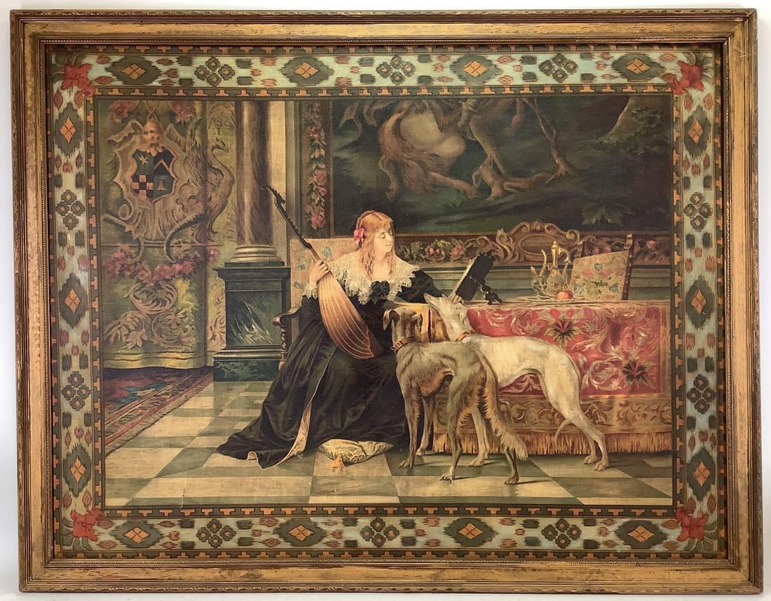 Oil on Canvas: Oil on canvas, unsigned. Seated woman holding instrument with two greyhound's watching intently. Damage to canvas. 32.25”h x 42”w and 35.5”h x 45.5”w framed