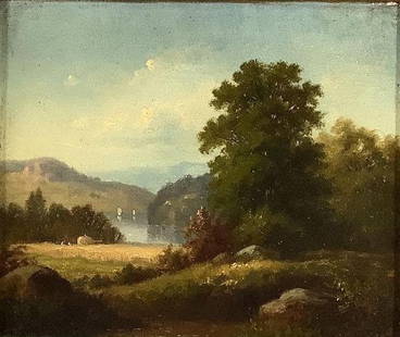 Attr. William Hart (1823 - 1894): Oil on board with brass plaque attached to framed "Wm. Hart". Lush green landscape with pond and sailboats in the distance. 9.25”h x 10.75”w and 15.5”h x 17”w framed