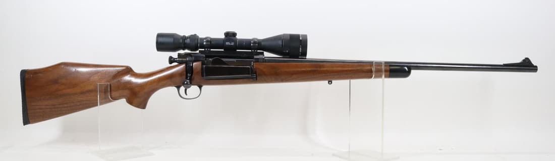 Springfield Krag M1898 Sporterized Bolt Action Rifle: 30-40 Krag, 24" bbl, SN 444035 (1903) 98% older reblue shows thinning on crisp edges and scattered light freckling, fair bore, original rear sights have been removed (not included) and screw holes lef