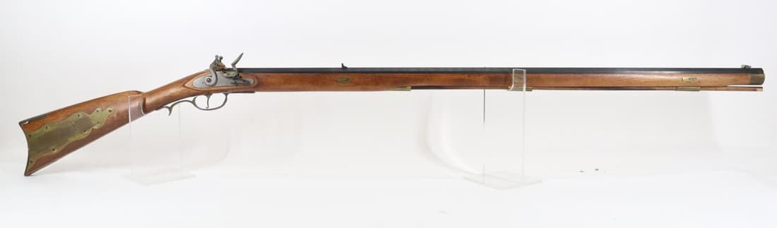 Unmarked Numrich Arms Flintlock Pennsylvania Kit Rifle: 45, 39 1/4" bbl, NSN. 98% blue finish shows minor oxidation around rear sight and a few scratches on edges of barrel flats, strong in the white lock holds on half and full cock, single trigger, barrel