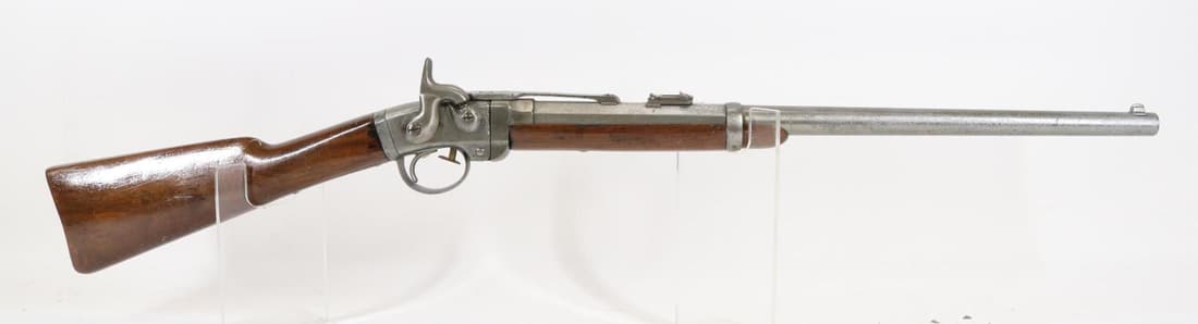 Poultney & Trimble Smith's Percussion Carbine: 52, 21 1/2" bbl, SN 13642. Cleaned to silver/gray with areas of pitting, very poor deeply pitted bore, left side of receiver shows only partial markings on front section, side plate marked in 3 lines 