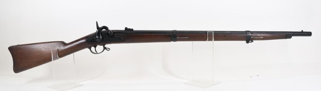 Savage R.F.A. M1863 New Jersey Marked 2 Band Type 2 Percussion Rifle Musketoon: 58, 32" bbl, NSN. 95% probable older matte black refinish shows areas of scratches and loss, fair bore, 3 leaf rear sight, breech marked VP over eagle head, NJ and 1863 on top, barrel held via 2 steel