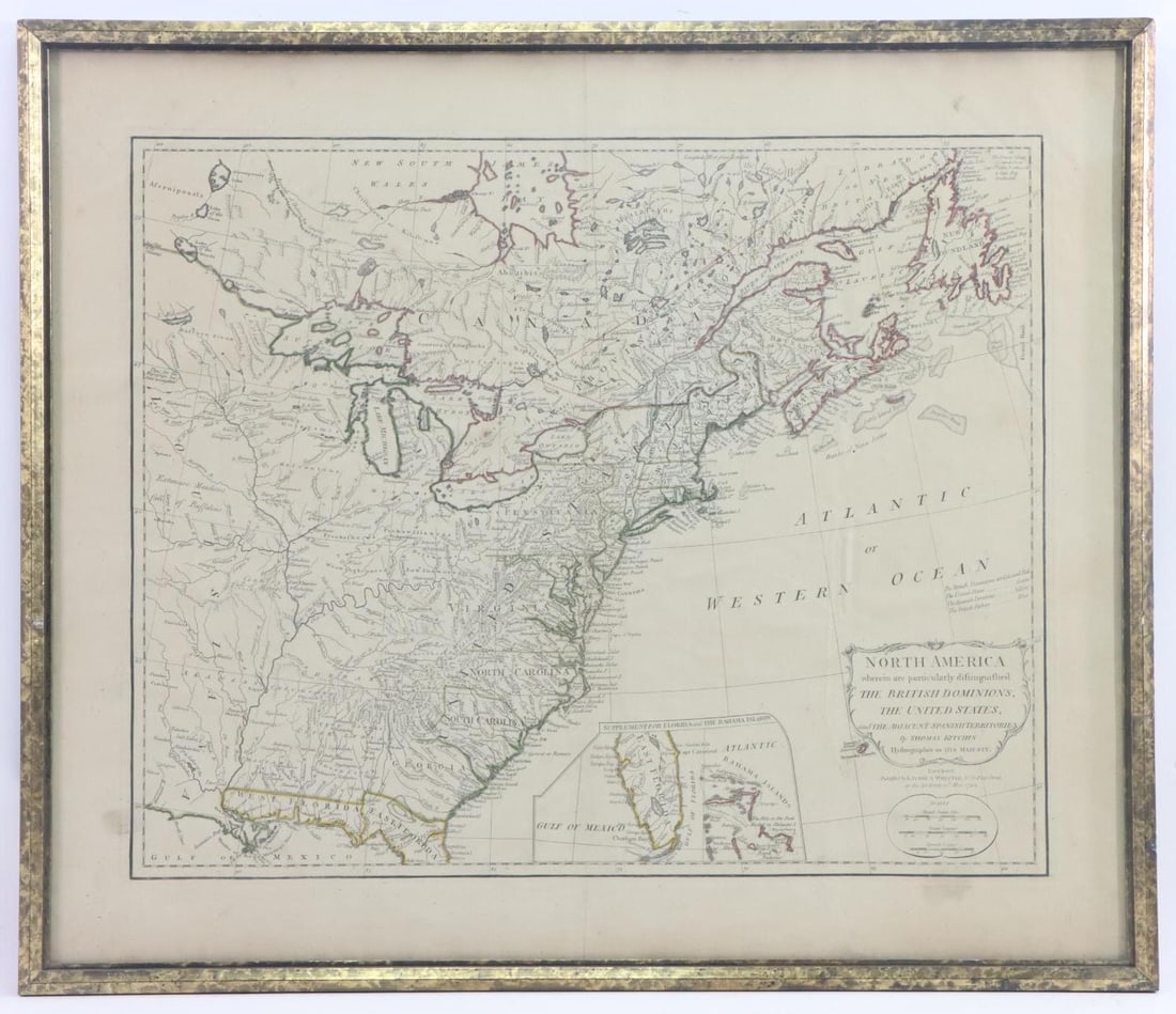 Eighteenth Century Map of North America: Map titled "NORTH AMERICA wherein are particularly distinguished the British Dominions, the United States, and the adjacent Spanish territories" by Thomas Kitchin and published by Laurie & Whittle, No