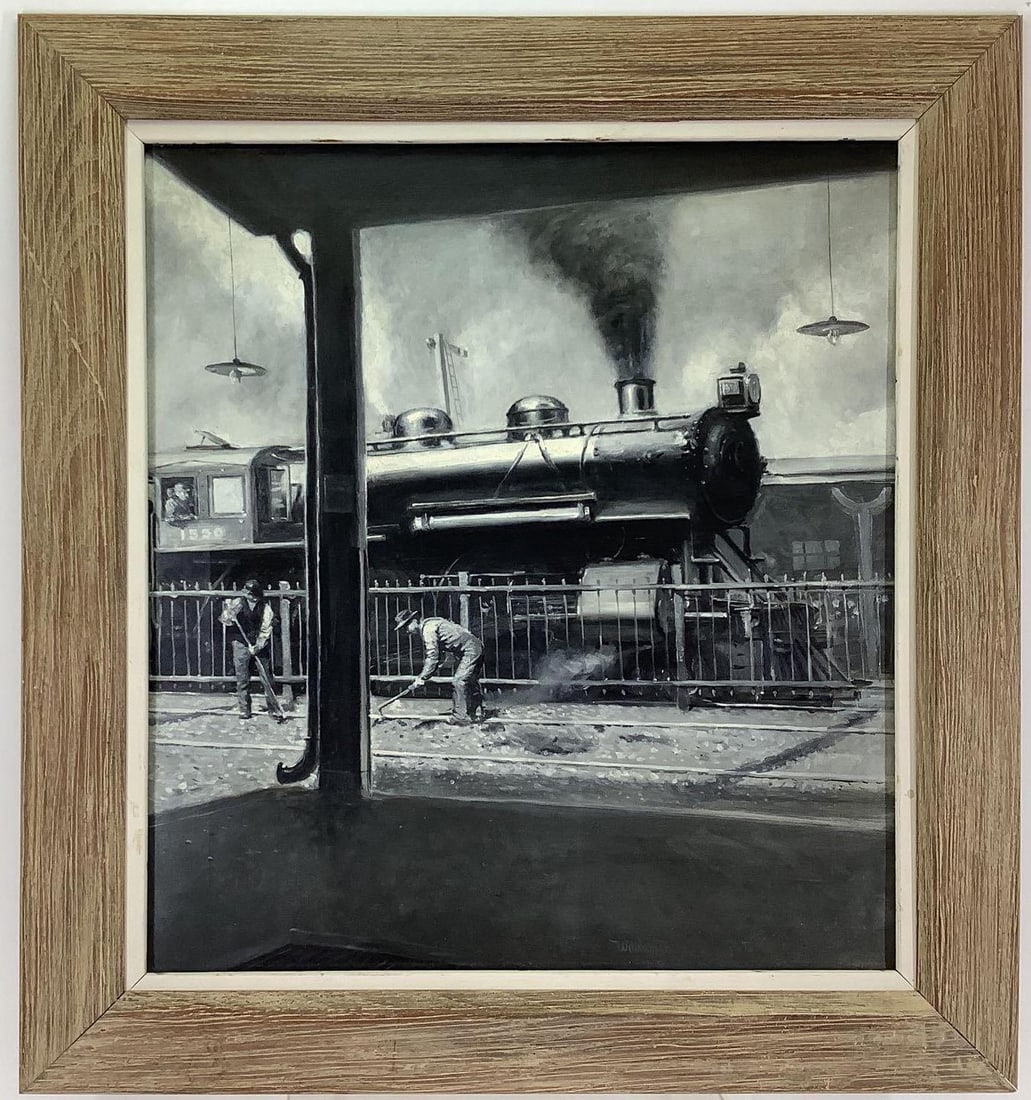 William Harnden Foster (1886 - 1941): Oil on canvas, "Passenger Traffic", signed lower edge. Rural landscape scene depicting steam locomotives and rail workers at a station. 22”h x 20”w and 28.5”h x 26.5”w framed