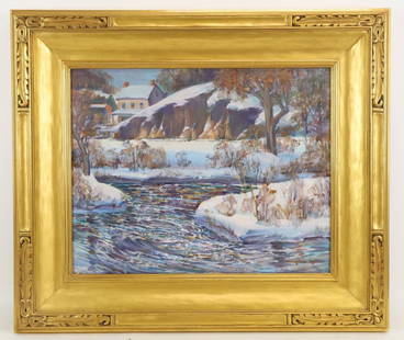 Arthur Meltzer (1893 - 1989): Oil on board, SLR. Colorful winter landscape with the sun dancing off the water. 16"h x 20"w and 24"h x 28"w framed