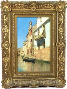 Rubens Santoro (1859 - 1942): Oil on canvas, SDLR 1889. Sunlit Venetian canal scene with gondolas and Victorian passengers. 20"h x 12.75"w and 30.75"h x 23"w framed