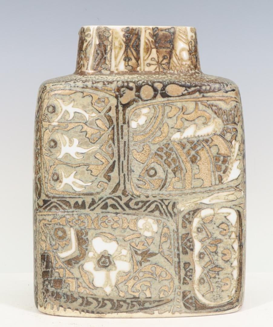 Nils Thorsson for Royal Copenhagen Fajance Baca Vase: Danish Modern ceramic vase with fish and bird mosaic motif, Baca series, designed by Nils Thorsson for Royal Copenhagen. 7.75”h x 5.5”w