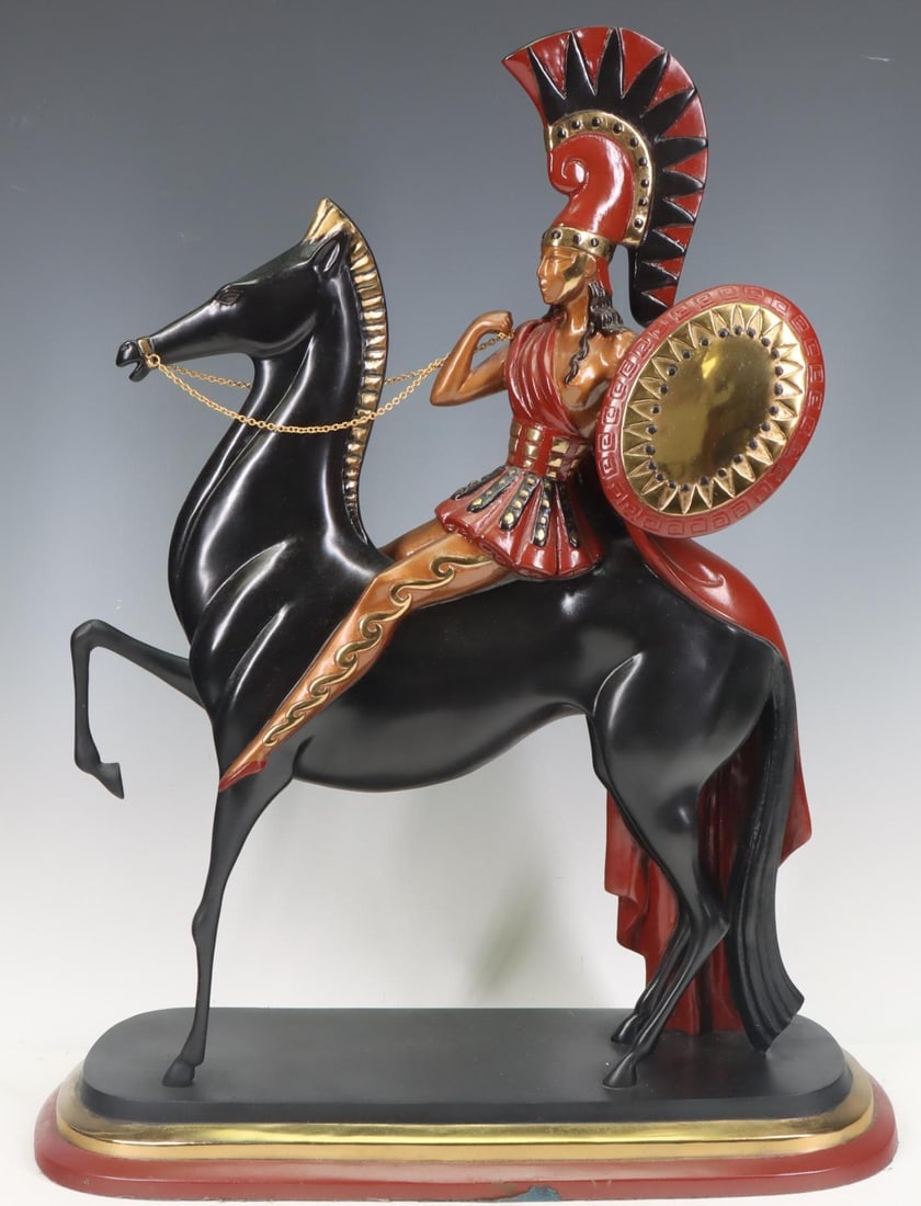 Romain (Erte) De Tirtoff (1892 - 1990): Cold painted and parcel gilt bronze sculpture, "Amazon", from The Erte Sculpture Collection by Fine Art Acquisitions, impressed signature at the base, dated 1985, and numbered 295 of 375. 17”h x