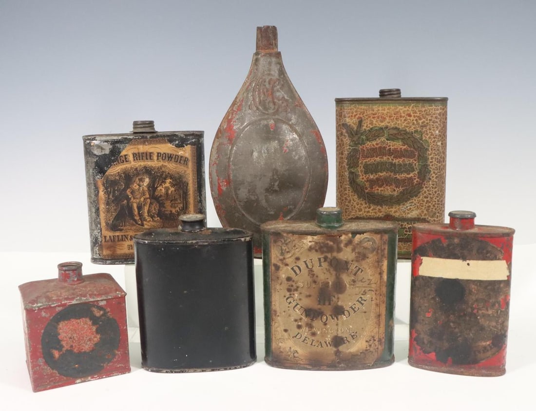 Black Powder Cans: Collection of black powder cans including Dupont, Laflin and Rand, etc. Largest 7.25”h