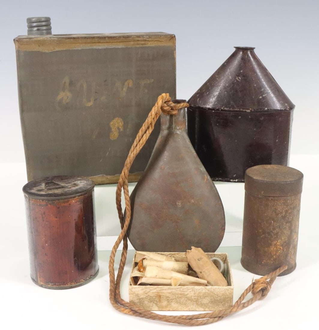 Early Powder Cans, Flask and Cartridges: Maynard tape priming caps, paper/linen civil war era rifle cartridges, modern bullet heads, civil war era 3 ring lead bullet. Largest 6”h