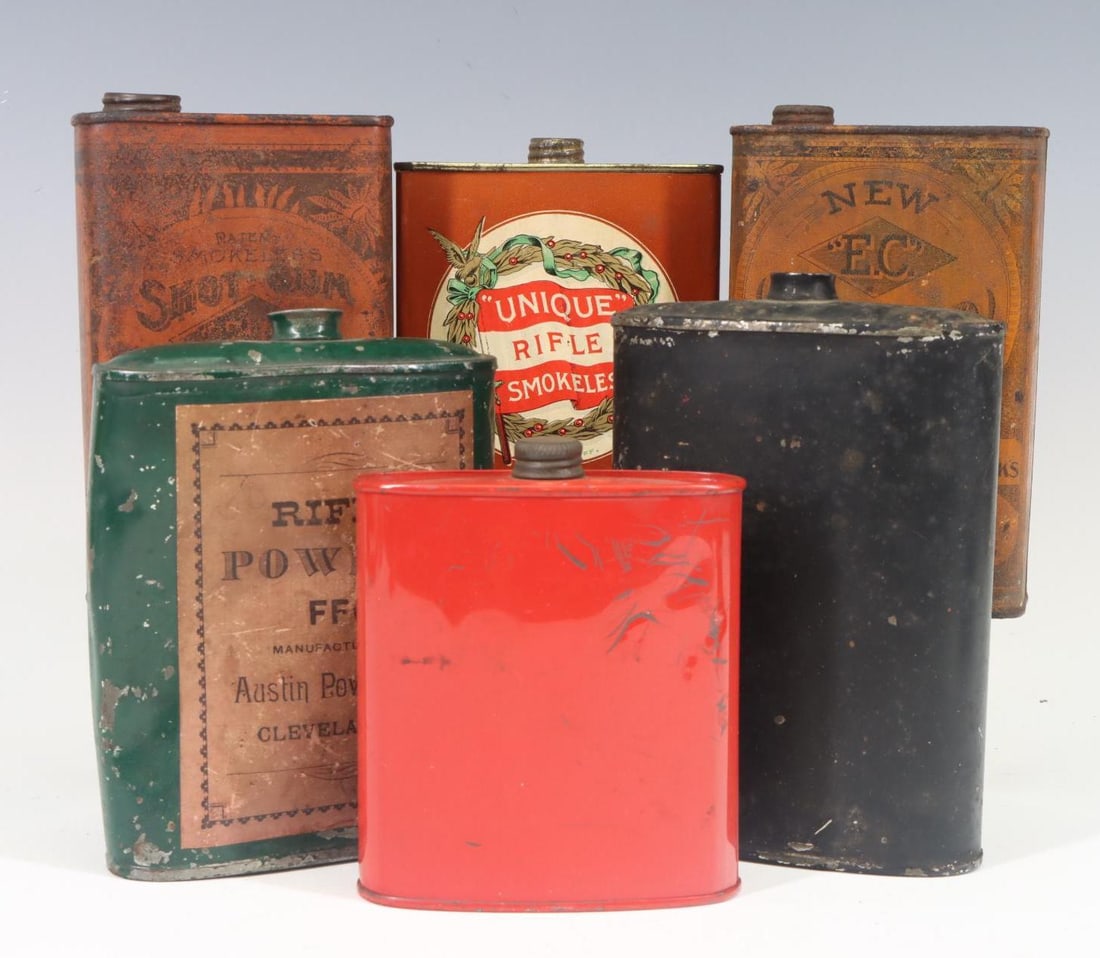 Black Powder Cans: Collection of black powder cans including Laflin and Rand, Austin Powder Co, Hercules, etc. Largest 5.75"h x 4"w x 1.5"d