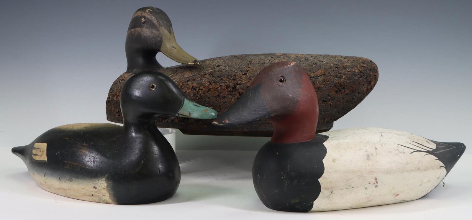 Antique Duck Decoys: Antique duck decoy, cork body, wood head, marked H. Haman, Middletown, DE. Stoney Point Decoys, Blue Bill, signed Leonard C. Hornick, Jr., dated 1987, hand painted, wood, glass eyes. Wolf River Duck D