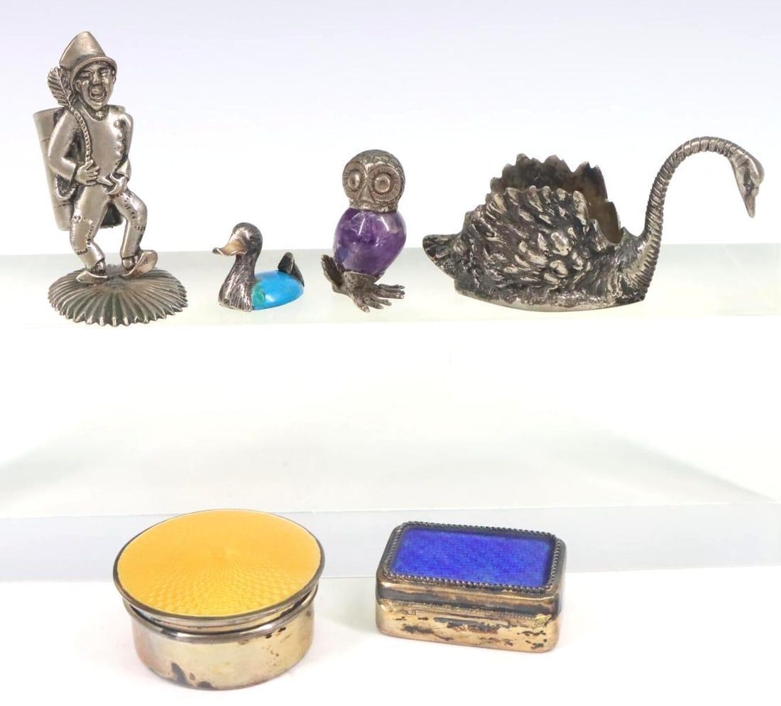 Sterling and 800 Silver Pill Boxes and Figures: Guilloche sterling silver pill boxes with gold washed interiors, including a 1925 British example by Horton and Allday and another Continental example. 800 silver figural toothpick holder and swan for