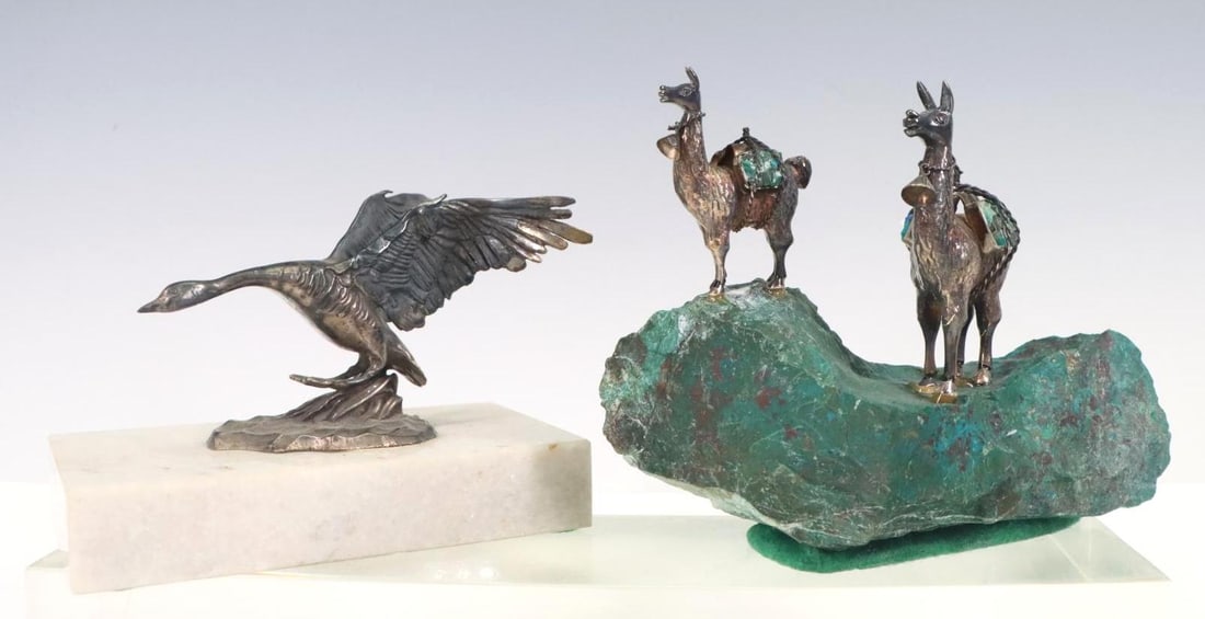 Sterling Silver Animal Figures: S. Kirk and Son "Canada Goose", limited edition, numbered 6 of 500, mounted to a marble stand with plaque. Peruvian llamas mounted to turquoise rock. The llamas have been reglued to the base. Largest 