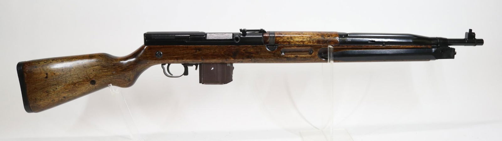 Czech CZ VZOR 52 Semi Automatic Rifle: 7.62x45, 20 1/2" bbl, SN G64878. 98% black paint finish shows light handling, good bore, left side of receiver marked she with crossed swords (czech military acceptance proof) dated 56, 11" side foldi