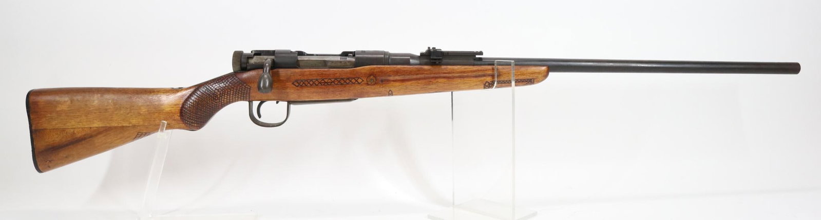 Japanese Nagoya Type 99 Arisaka Sporter Bolt Action Rifle: 7.7 Jap, 22" bbl, SN 78881.85% blue finish shows general thinning with areas of moderate freckling, good bore, cut down barrel, no front sight with original flip up rear ladder missing anti aircraft w