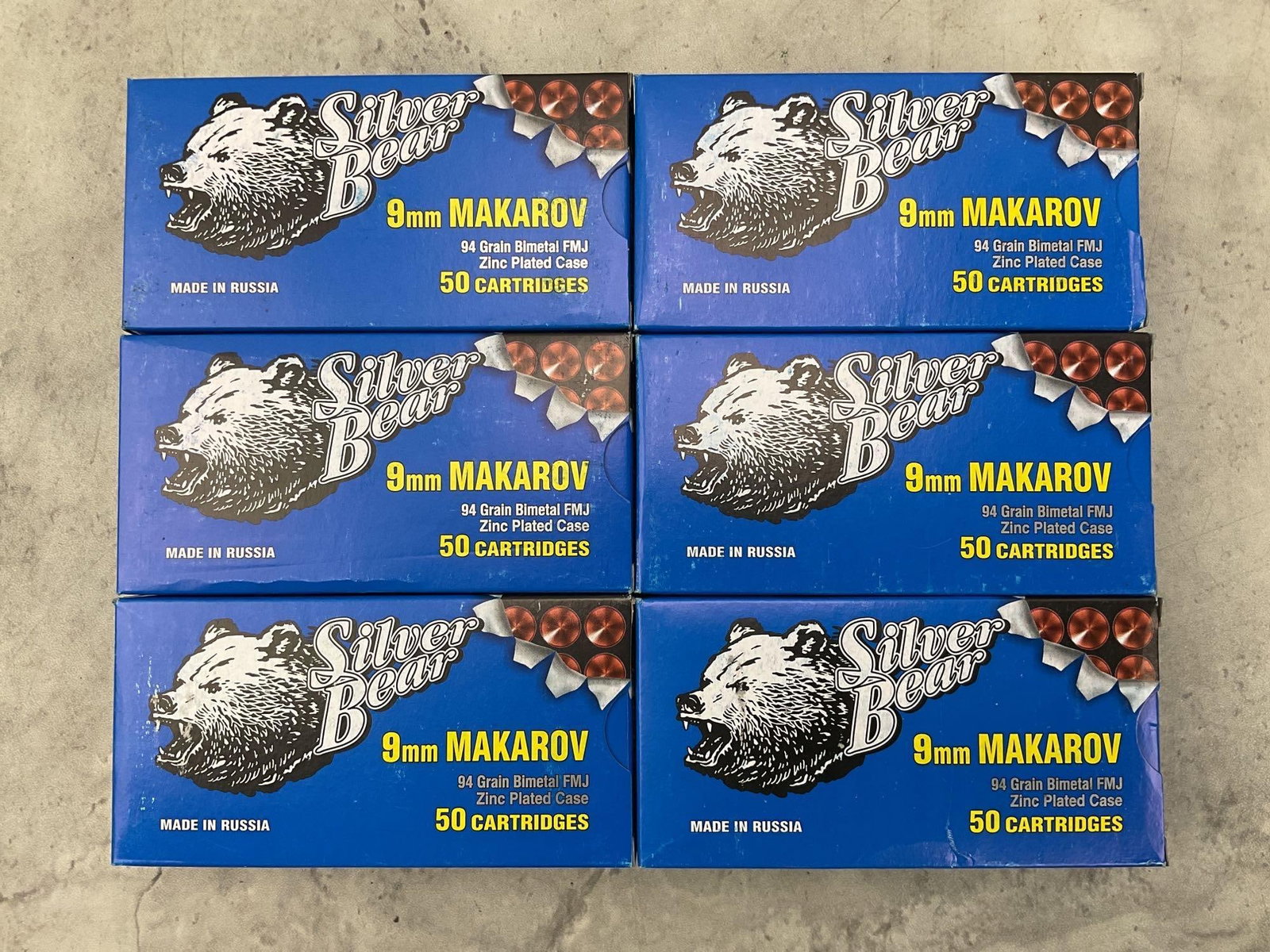 9x18mm Makarov Ammo: 6 boxes 50 rounds each Silver Bear 94 gr. FMJ. 300 rounds total.