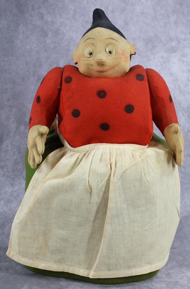 CLOTH DOLL(S, VINTAGE STEIFF.: 16" Vintage ca. 1920's STEIFF "Katzenjammer Kids" Mother-In-Law felt Tea-cosy. All original. Marked on left ear with raised silver button of upper case letters, the second "F" is wrapping back under i