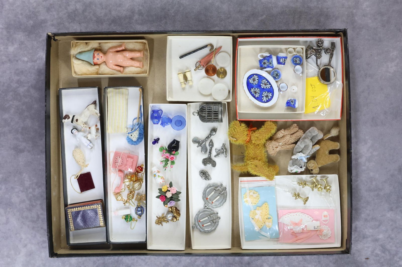 MINIATURES: LOT of antique/vintage smalls. Sterling silver hand mirror and baby carriage 1.04 ozt. Metal candle holders (inc.no lead pewter), cage, misc, Ormolu style clock. China set. Glassware, Flower bouquets.