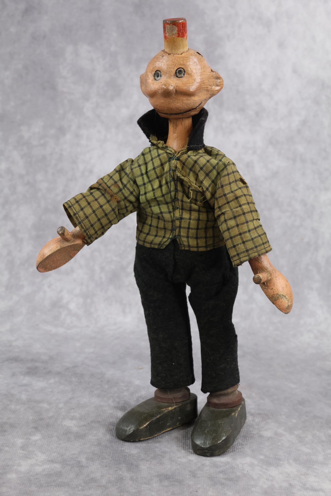 SCHOENHUT.: Schoenhut Comic Character. 9" All original "Happy Hooligan". This figure was from the comic strip written and drawn by Frederick Burr Opper from 1900 until 1930. Original plaid shirt with black felt c