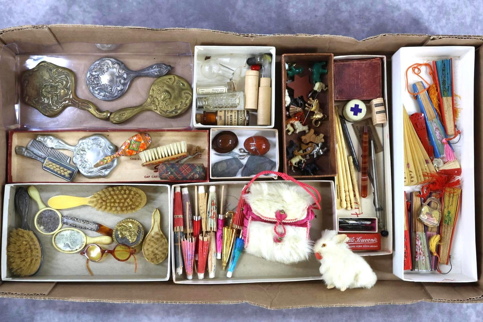 MINIATURES.: LOT of smalls, accessories. Smalls - glassware, charms (wood, metal, glass), Books (child's Bible dated 1860). Accessories - vintage and antique hand mirrors (1) dated Exposition Jamestown 1907), comb