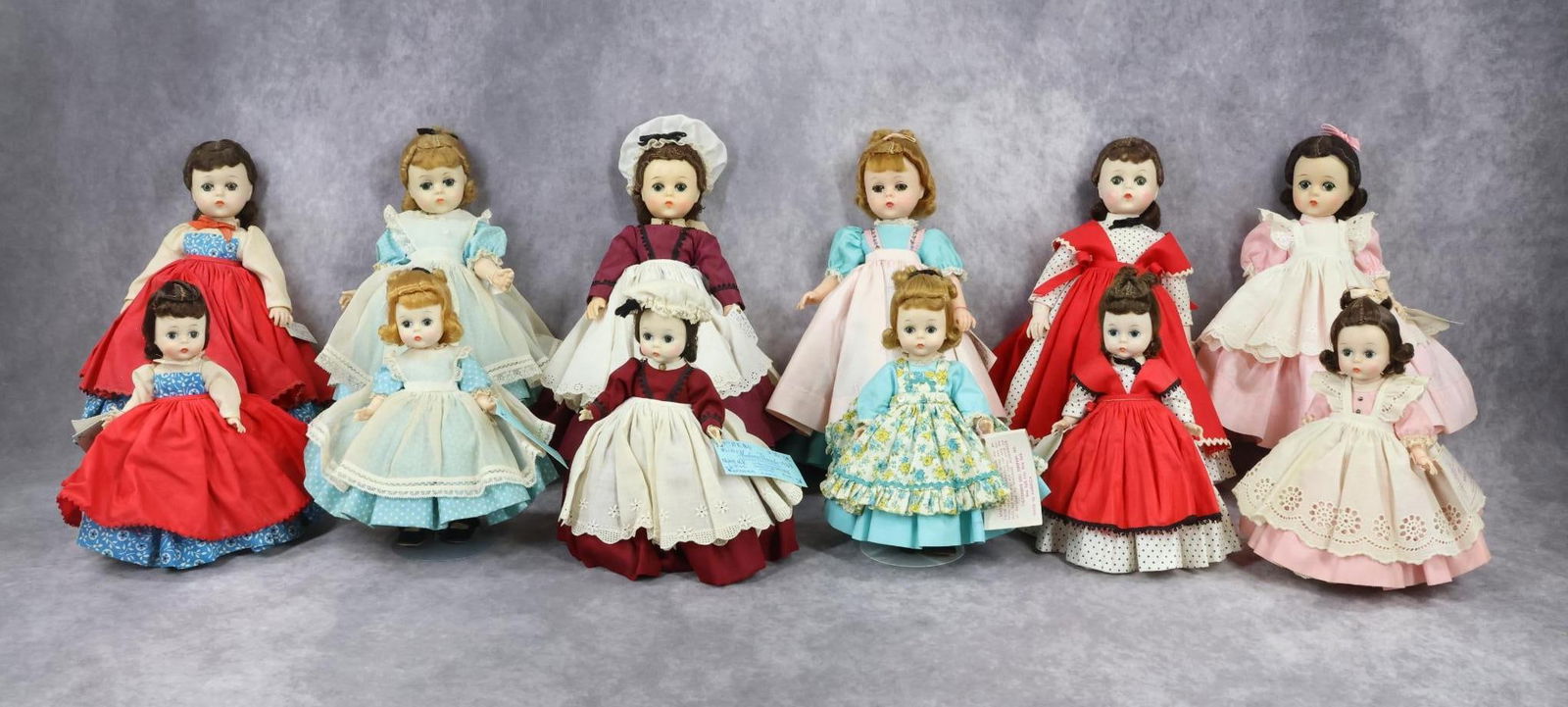 1940's-1960's DOLLS.: LOT of (12) MADAME ALEXANDER "Little Women" dolls. This is an interesting lot as there are (6) 11" 1960's LISSY dolls and (6) 8" 1960's Alexander-Kins/Wendy Ann wearing the exact same or similar tagge