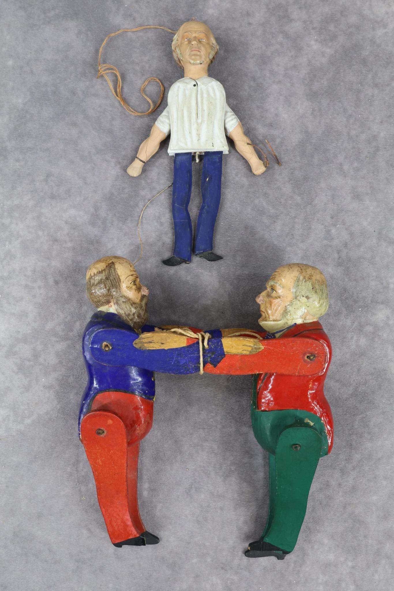 TOYS.: Pair of toys. 7" "John Bull" and 8" "Political Acrobat" toy. Hand painted papier mache heads, includes John Bull Jumping Jack toy and US Figures holding arms. They are able to revolve with jointed leg