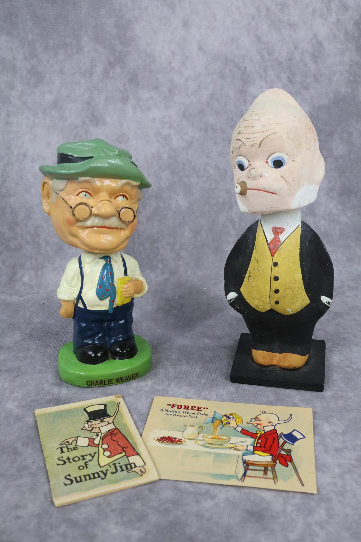 NOVELTIES/HOLIDAY.: NOVELTY - Pair of papier mache Bobble Heads, Ephemera. Bobble Heads - 7 1/2" German? "Jiggs" . Condition: paint is either dirty or worn. 7" "Charlie Weaver". Ephemera - "The Story of Sunny Jim" advert