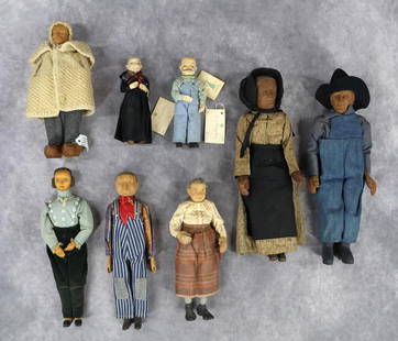 WOODEN DOLL(S).: LOT of (8) hand carved wooden character dolls. Pair of 6 1/2" tagged League of Arts and Crafts, Concord, NH, 1960 dolls by artist Bailey. "Wooden Farmer" and "Wooden Farm Woman". 10" Tagged Male Frenc