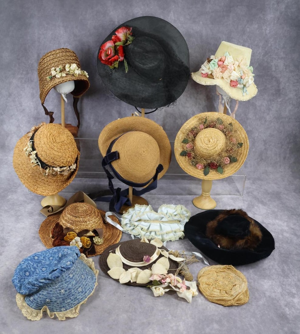 ANTIQUE/VINTAGE DOLL/CHILD'S HATS.: LOT. Doll - (8) hats. Decorated straw, velvet, cloth. Child's - (5) hats. Cloth sunbonnet, the rest are commercially made and decorated. (1) Tagged Petit Chapeau by Richard Englander. This lot is bein