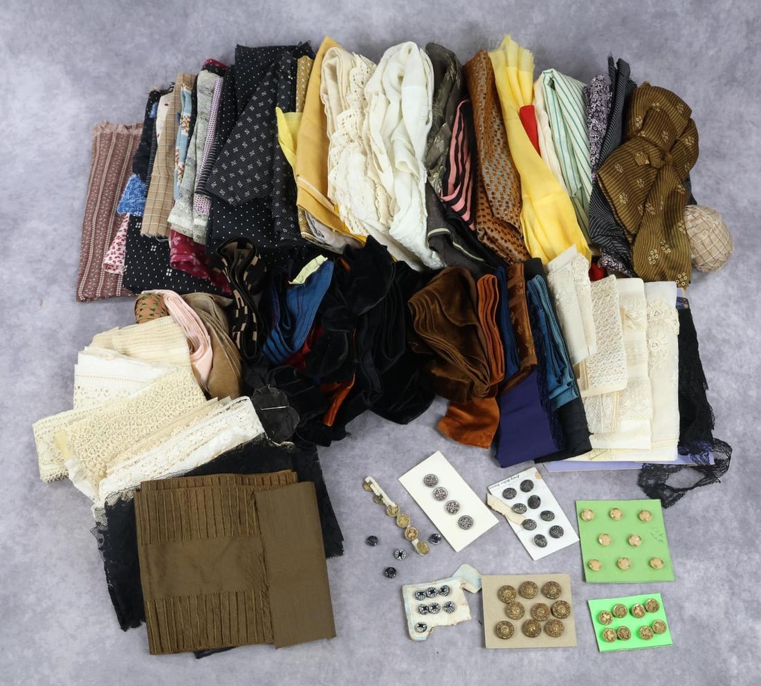 ANTIQUE/VINTAGE FABRIC & TRIMS, BUTTONS.: LOT for doll dressmaking, hats, etc. Fabric - box of antique/vintage silk, cotton, prints, eyelet. Small pcs. and larger pcs. Antique trims - Carded laces, velvet ribbons, silk ribbons, woven tapes. B