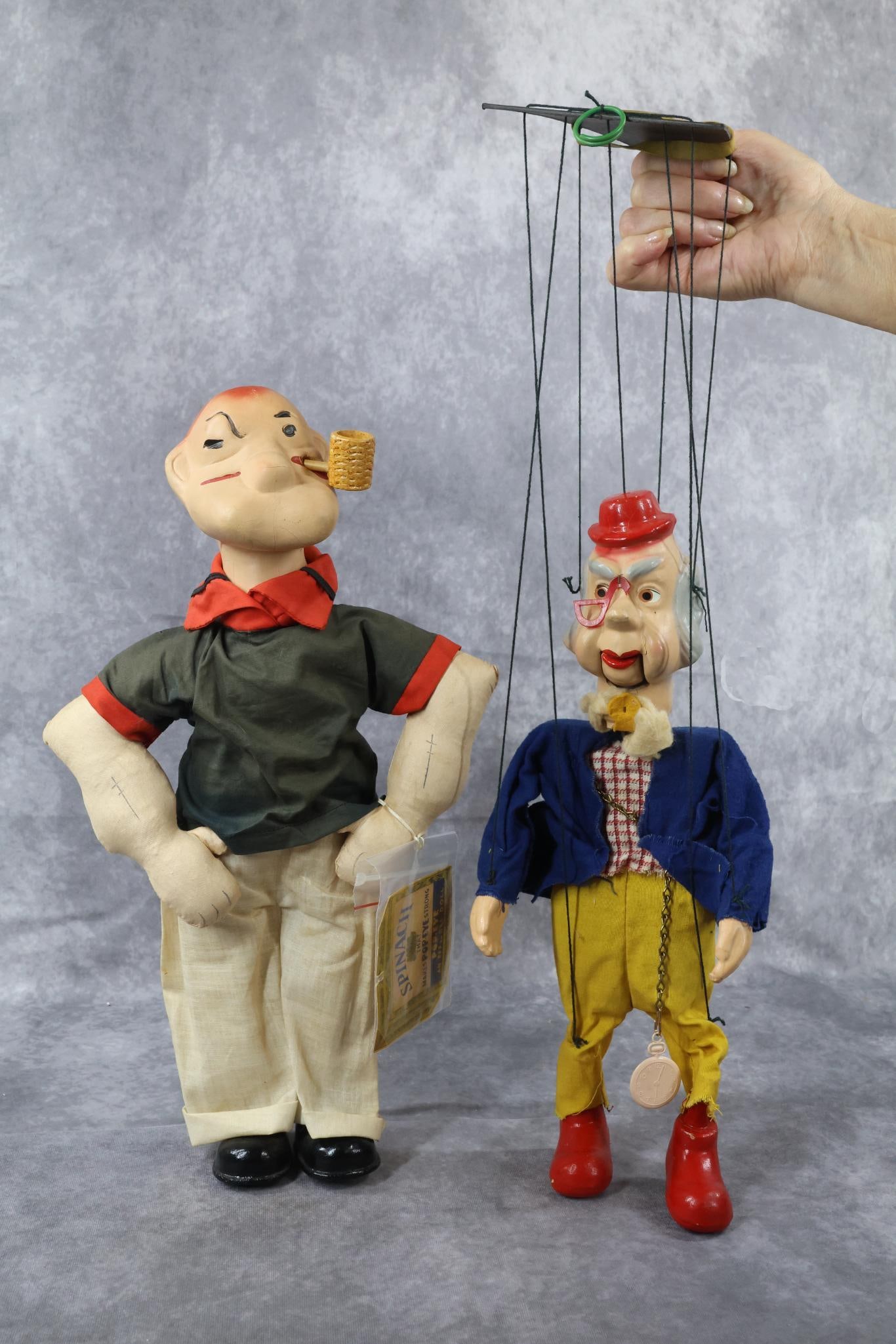 TOYS.: Pair of cartoon characters. 17" Unmarked POPEYE cloth doll with molded rubber head. Composition shoes. Original corncob pipe. Tagged - Copyright dated 1935 by EFFANBEE (Fleischaker & Baum). Paper tag 