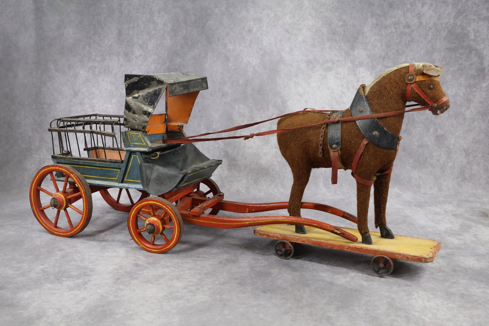 TOYS.: LOT. Antique Platform Horse and Wagon. Platform Horse - 11 1/2" T 12" L brown cloth covered horse on wheeled platform. NO tail, fur mane, leather ears, (1) metal eye. Oilcloth,cloth and cardboard tack