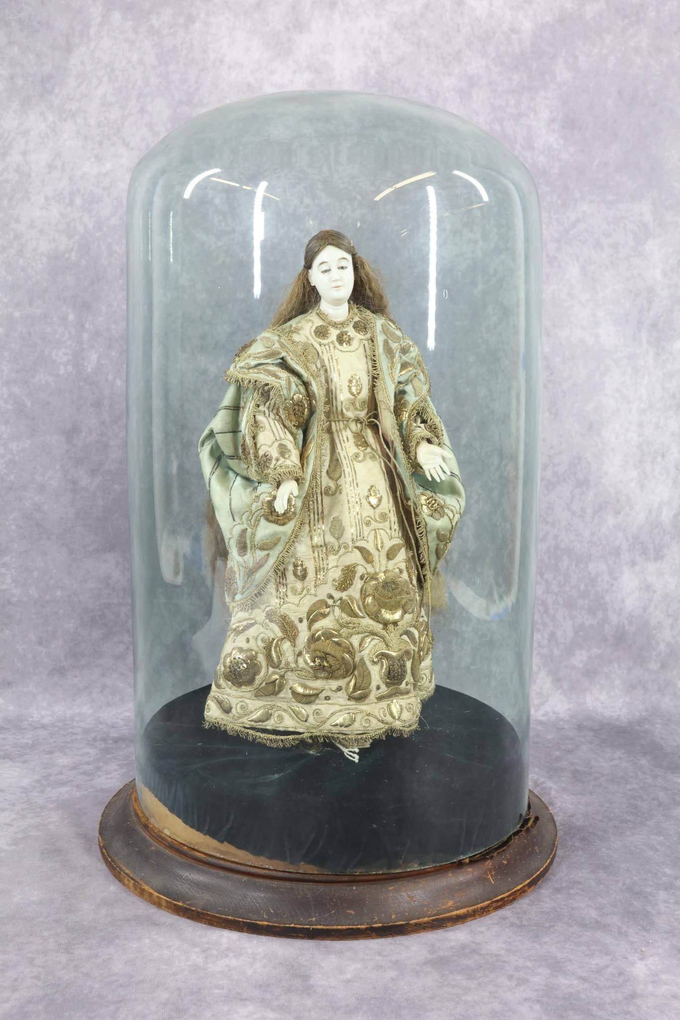 ANTIQUE MADONNA FIGURE.: 14 1/2" Early 20th c. beautiful "Mater Dolorasa" (Sorrowful Mother). This was a Saint or Madonna of the Philippines. She may possibly have a carved tagua nut head, hands and feet. Painted eyes, closed