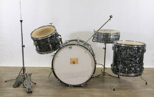 Ludwig Drumset: Ludwig Black Pearl, Keystone Badges, Including: 22" Bass Drum, s/n 441788; 16" Floor Tom, s/n 445716; 13" Mounted Tom, s/n 440274; 14" Chrome Snare (Later). Includes Period Correct Speed King Bass