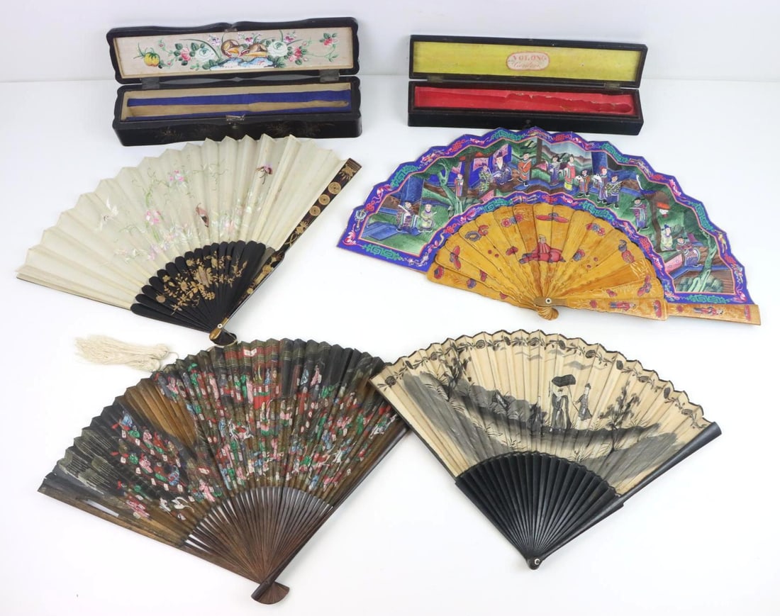 Chinese & Japanese Fans: Chinese folding fan, fabric, embroidered decoration, lacquer ribs, hand painted, a few spots on fabric, includes black lacquer fan box. Chinese folding fan, hand painted paper (both sides) and wood de