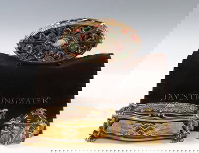 Jay Strongwater Boxes: Enameled and gold plated boxes set with Swarovski crystals (3), various forms. Largest 2.5"h x 4.5"w x 1.75"d