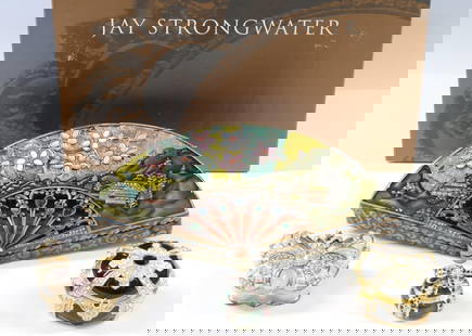 Jay Strongwater Boxes: Enameled, gold plated, and silver plated boxes set with Swarovski crystals, various forms including a fan, butterfly, and gift boxes. (4) pieces. Sizes range from 1"h x 1.5"w to 7.75"w x 4.25"d