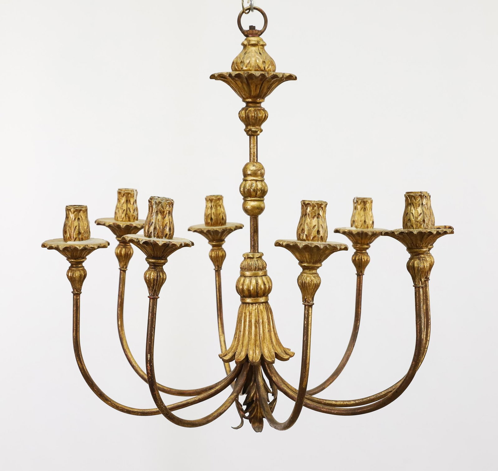 19th c. Neoclassical Style Gilt Chandelier: Gilt wood carved and metal sculpted with floral and foliate motifs having eight arms with candle holders. 24"h x 24"w